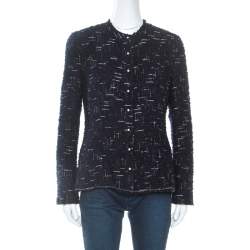 Pre Owned Chanel Navy Blue Metallic Tweed Pearl Embellished Jacket L