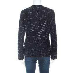 Pre Owned Chanel Navy Blue Metallic Tweed Pearl Embellished Jacket L