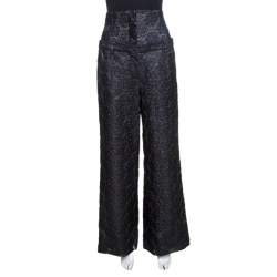 Pre Owned Chanel Black Floral Jacquard Metallic Weave Detail High Waisted Trousers L