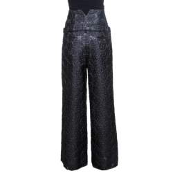 Pre Owned Chanel Black Floral Jacquard Metallic Weave Detail High Waisted Trousers L