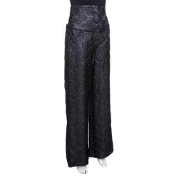 Pre Owned Chanel Black Floral Jacquard Metallic Weave Detail High Waisted Trousers L