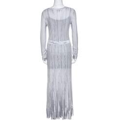 Chanel Grey Knit Lurex Detail Long Sleeve Maxi Dress M
