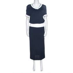 مملوكة مسبقًا Chanel Navy Blue Rib Knit Contrast Trim Detail Midi Dress M