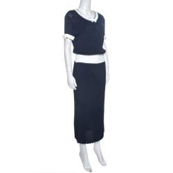 مملوكة مسبقًا Chanel Navy Blue Rib Knit Contrast Trim Detail Midi Dress M