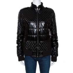 Chanel Black Quilted Rib Knit Trim Bomber Jacket L