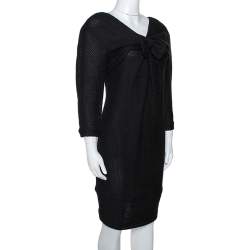 Chanel Black Textured Shimmer Cotton Knit Bow Detail Shift Dress M