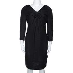Chanel Black Textured Shimmer Cotton Knit Bow Detail Shift Dress M