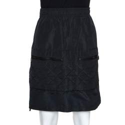 Chanel Vintage Black Quilted Silk Velcro Detail Skirt S