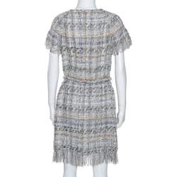 Chanel Pale Grey Tweed Waist Tie Detail Zip Front Dress M