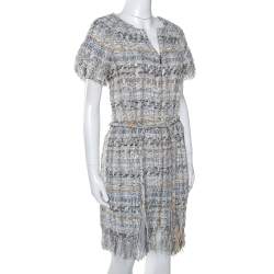 Chanel Pale Grey Tweed Waist Tie Detail Zip Front Dress M