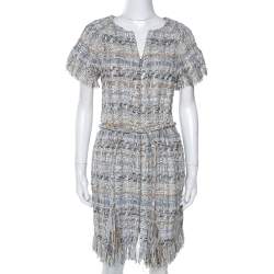 Chanel Pale Grey Tweed Waist Tie Detail Zip Front Dress M