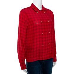 مملوكة مسبقًا Chanel Red Printed Silk Button Front Long Sleeve Shirt M
