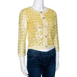 Pre Owned Chanel Yellow Sequined Cashmere Button Front Cardigan S
