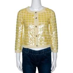 Pre Owned Chanel Yellow Sequined Cashmere Button Front Cardigan S