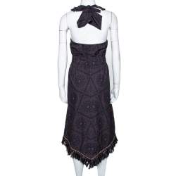 Chanel Navy Blue Monogram Print Cotton Fringed Halter Dress S