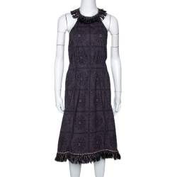 Chanel Navy Blue Monogram Print Cotton Fringed Halter Dress S