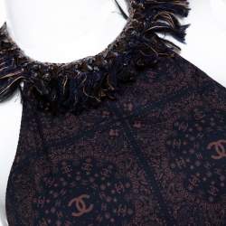 Chanel Navy Blue Monogram Print Cotton Fringed Halter Dress S