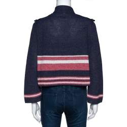 Chanel Blue Cotton Blend Striped Open Front Cardigan M