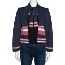 Chanel Blue Cotton Blend Striped Open Front Cardigan M