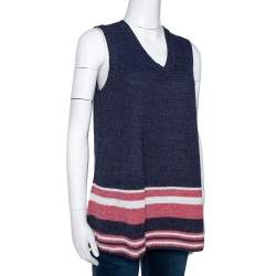 Pre Owned Chanel Blue Cotton Blend Striped Sleeveless Top M