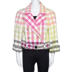 Chanel Multicolor Checked Tweed Cropped Belted Jacket L