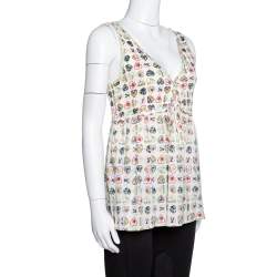 Pre Owned توب شانيل كريمي طباعة فالانتين مضلع بلا أكمام مقاس كبير - لارج