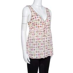 Pre Owned Chanel Pink Valentine Print Ribbed Cotton Sleeveless Top L