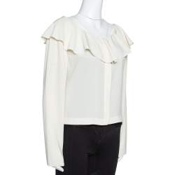 مملوكة مسبقًا Chanel Cream Ruffled Button Front Cropped Blouse L