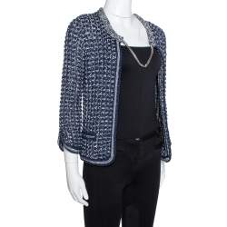 Pre Owned Chanel Navy Blue Crochet Knit Neck Chain Detail Jacket M