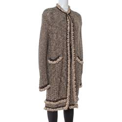 Chanel Vintage Brown Tweed Braided Trim Tie Neck Coat L
