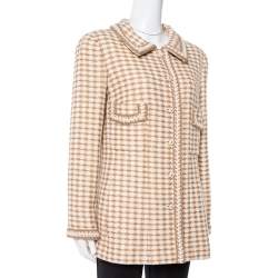 Pre Owned Chanel Vintage Beige Houndstooth Tweed Button Front Jacket L