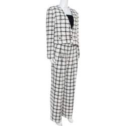 Chanel White Checked Tweed Wide Leg Trouser Suit M