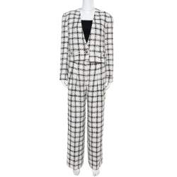Chanel White Checked Tweed Wide Leg Trouser Suit M