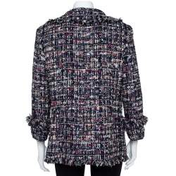 Pre Owned Chanel Navy Blue Tweed Embellished Closure Detail Jacket L