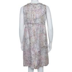 Pre Owned Chanel Pale Grey Floral Print Silk Sleeveless Dress L