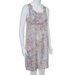 Pre Owned Chanel Pale Grey Floral Print Silk Sleeveless Dress L