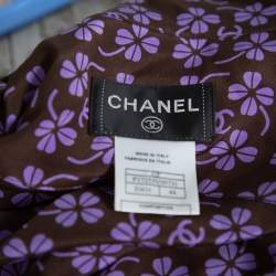 Pre Owned Chanel Brown Logo & Floral Printed Silk Zipper Front Blouse L