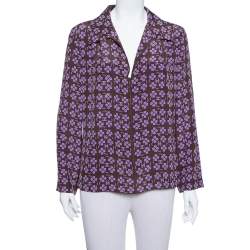 Pre Owned Chanel Brown Logo & Floral Printed Silk Zipper Front Blouse L