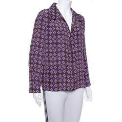 Pre Owned Chanel Brown Logo & Floral Printed Silk Zipper Front Blouse L