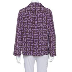 Pre Owned Chanel Brown Logo & Floral Printed Silk Zipper Front Blouse L