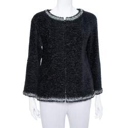 Pre Owned Chanel Black Textured Silk Embellished Detail Zip Front Jacket M