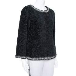 Pre Owned Chanel Black Textured Silk Embellished Detail Zip Front Jacket M