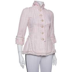 Pre Owned Chanel Baby Pink Tweed Stand Collar Fringed Jacket S