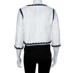 Chanel White Faux Fur Contrast Trim Detail Collarless Jacket S