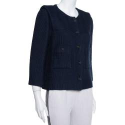 Pre Owned Chanel Navy Blue Tweed Button Front Jacket L
