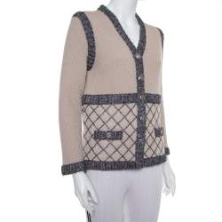 Pre Owned Chanel Beige Silk & Cashmere Contrast Trim Detail Button Front Cardigan L