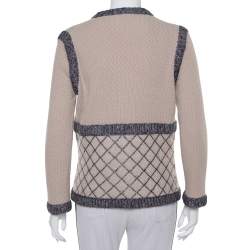 Pre Owned Chanel Beige Silk & Cashmere Contrast Trim Detail Button Front Cardigan L