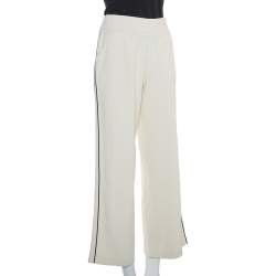Pre Owned Chanel Cream Knit Side Stripe Detail Wide Leg Trousers M