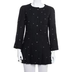 Chanel Black Wool Bead Embellished Pleated Detail Button Front Long Jacket M
