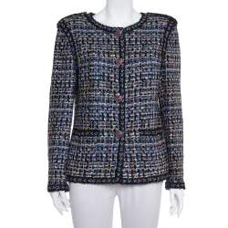 Chanel Blue & Black Tweed Button Front Jacket XL Chanel